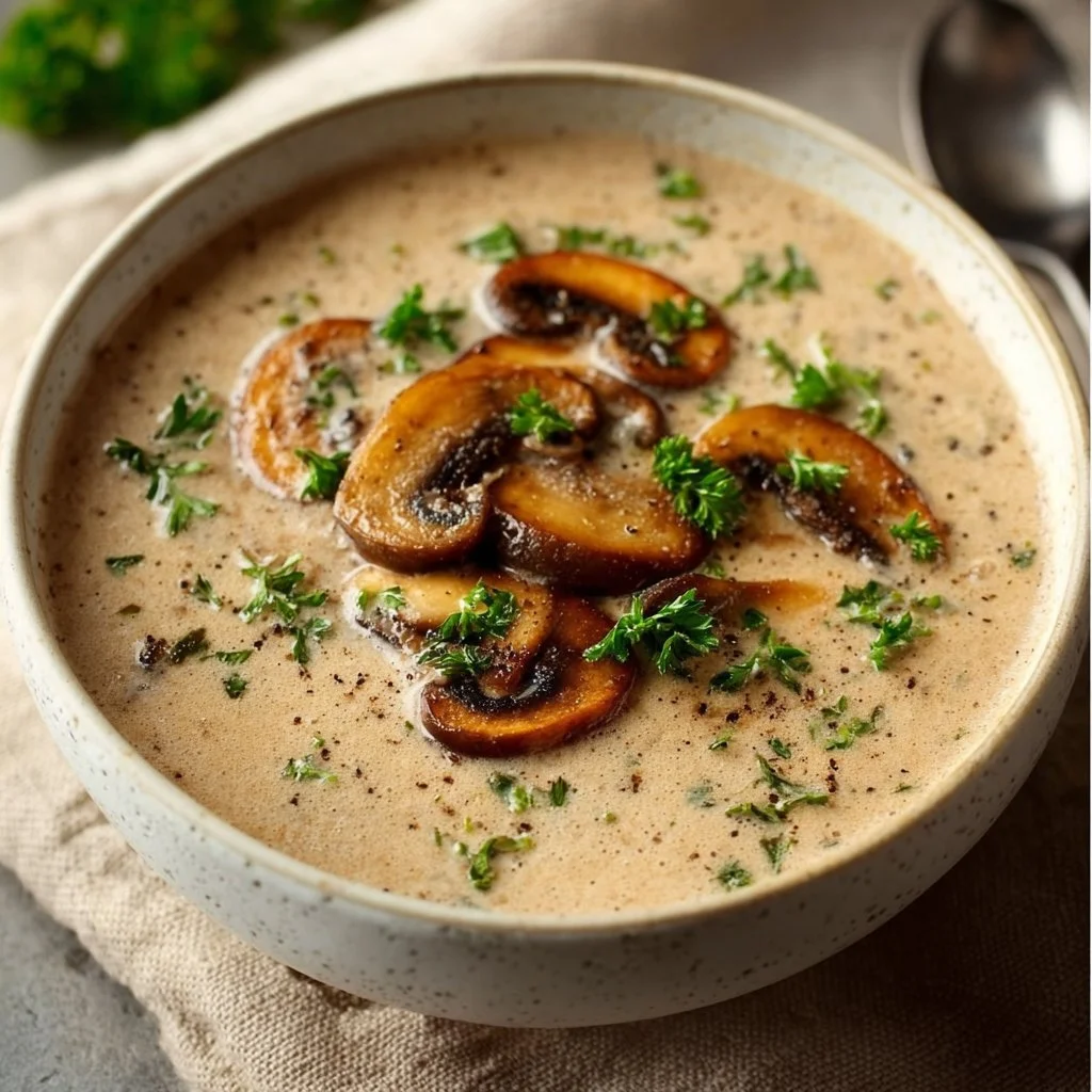 High-protein mushroom soup in a bowl with fresh herbs and spices.