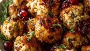 Holiday turkey and cranberry stuffing balls served on a festive platter