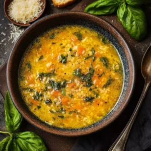 A bowl of Italian Penicillin Soup garnished with fresh herbs and vegetables.