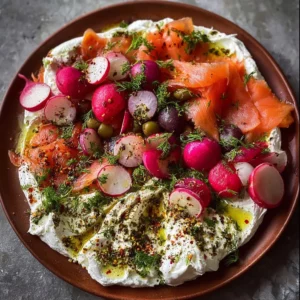 Labneh platter topped with smoked salmon, radishes, and za'atar spices.