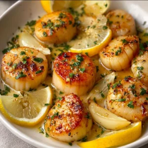 Lemon garlic butter scallops served on a plate, garnished with herbs