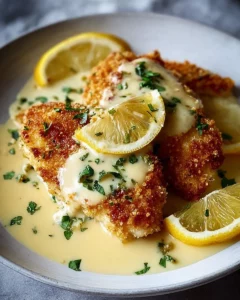 Lemon Pecorino Crusted Chicken served with creamy lemon sauce