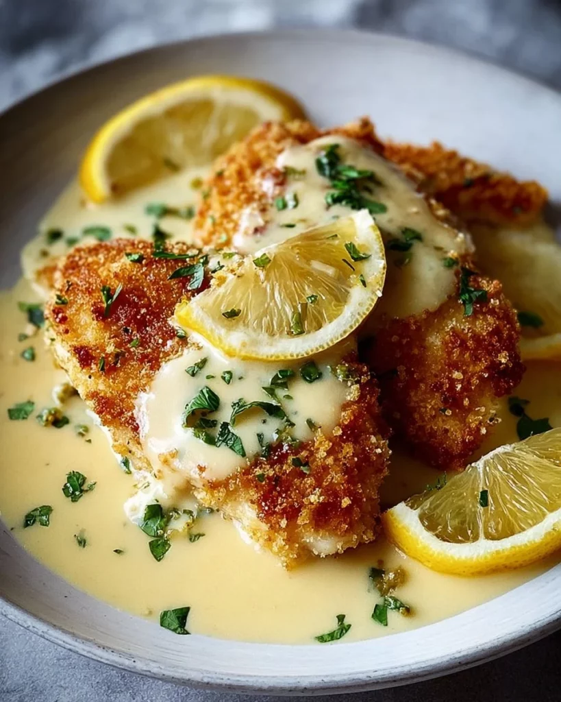 Lemon Pecorino Crusted Chicken served with creamy lemon sauce