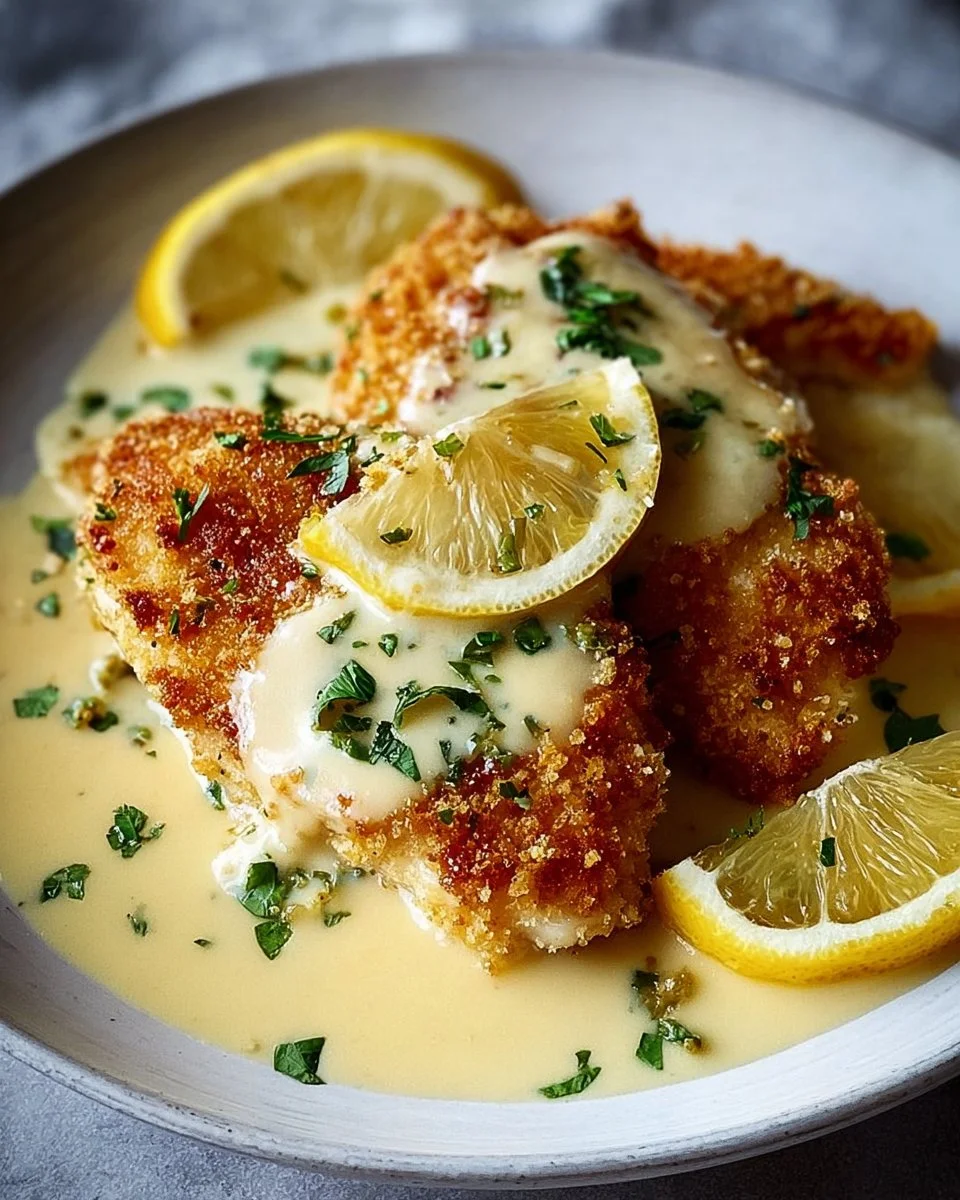 Lemon Pecorino Crusted Chicken served with creamy lemon sauce