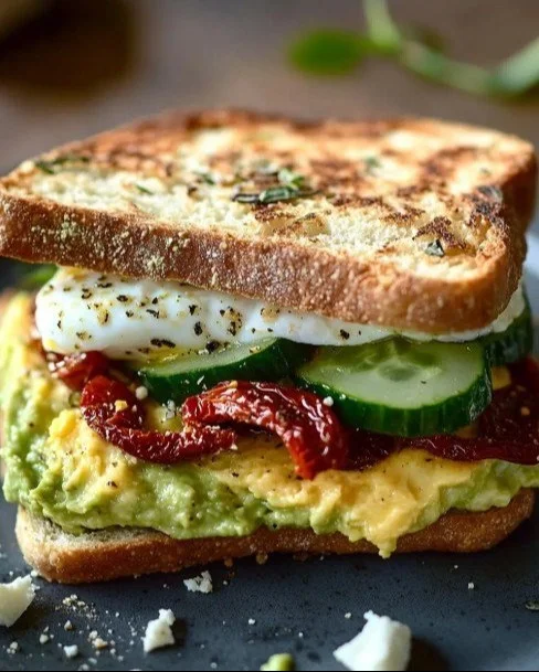 Mediterranean breakfast sandwich with fresh vegetables and herbs