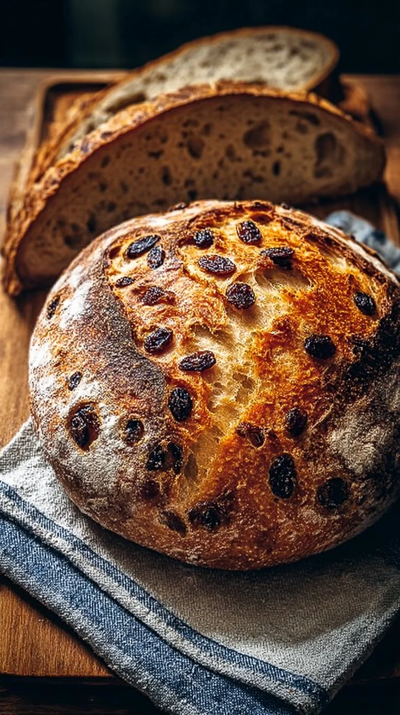 Loaf of no-knead cinnamon raisin bread with orange zest on a wooden table