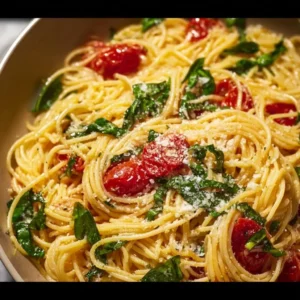 Delicious one-pot pasta dish with colorful vegetables and herbs