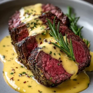 Perfectly seared beef tenderloin with creamy Béarnaise sauce on a plate
