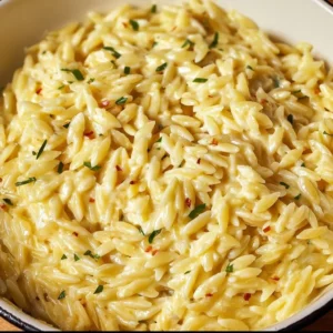 Delicious protein-packed cottage cheese orzo served in a bowl