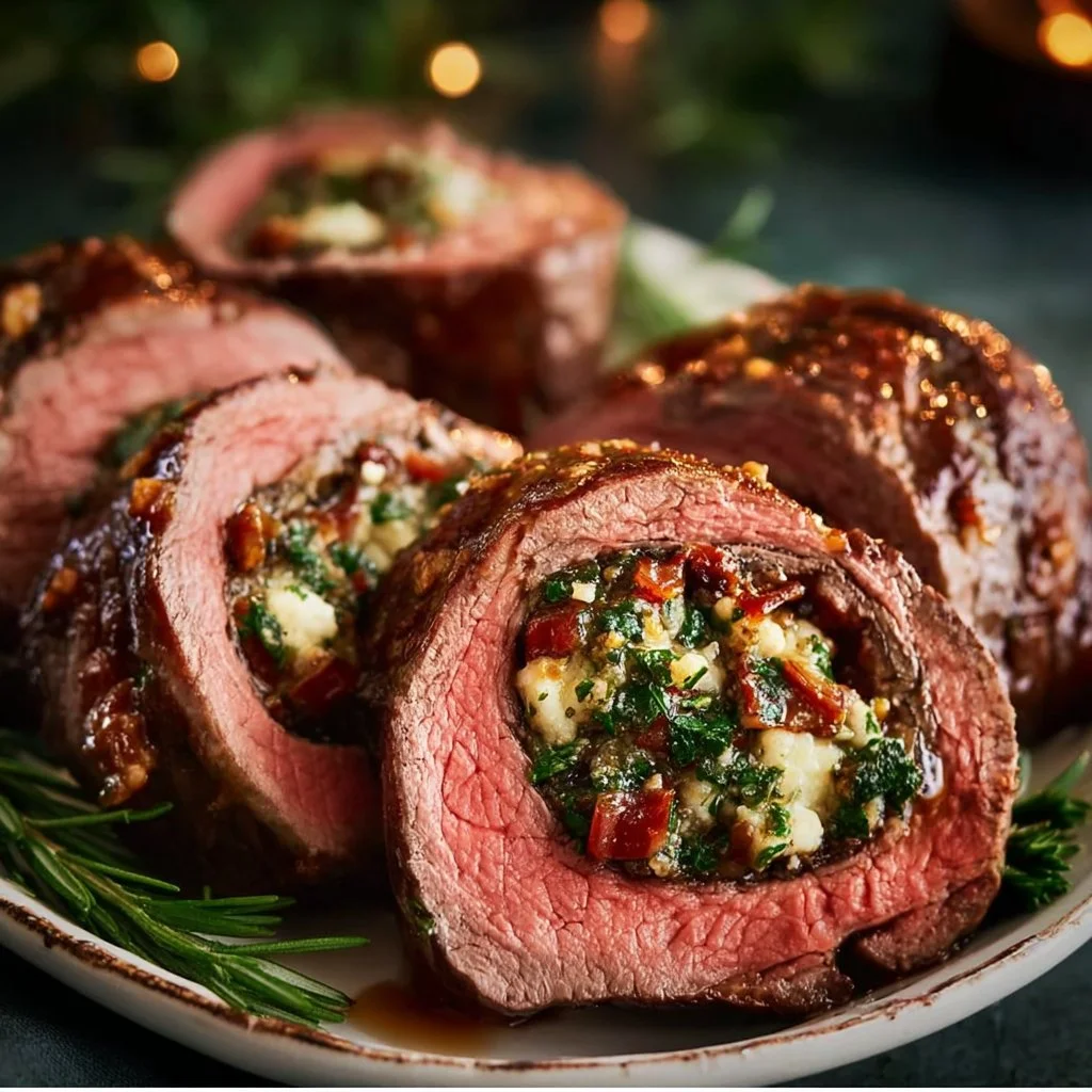 Quick Christmas stuffed beef tenderloin recipe garnished with herbs.