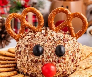 Festive Reindeer Cheese Ball appetizer for holiday parties.