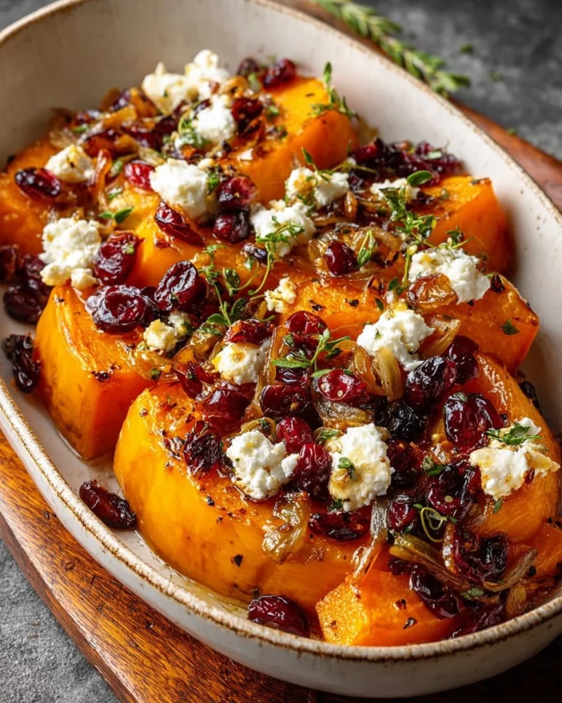 Roasted butternut squash topped with cranberries, goat cheese, and shallots