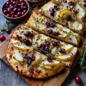 Delicious roasted pear and cranberry flatbread ready to be served