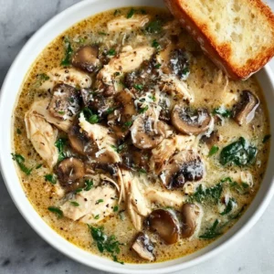 Delicious bowl of rotisserie chicken mushroom soup garnished with herbs.
