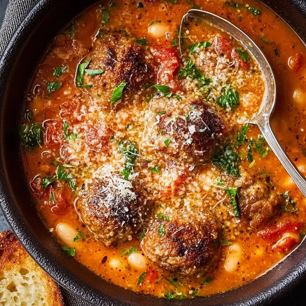 Bowl of rustic Parmesan meatball and white bean tomato soup garnished with herbs