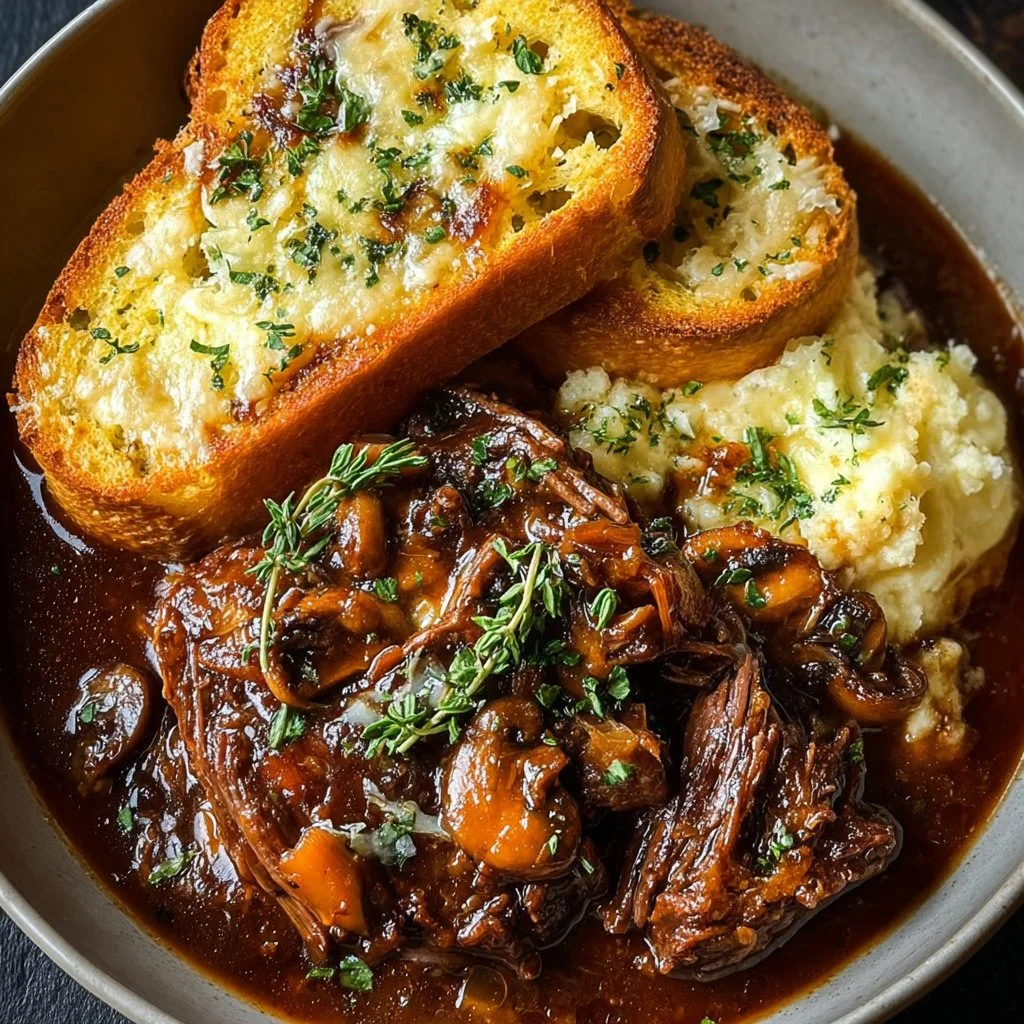 Savory French onion beef with mushrooms and Gruyère toast served in a beautiful dish.