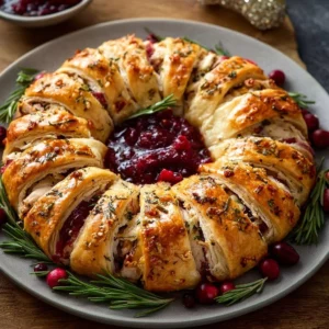 Savory Turkey Crescent Ring with cranberries, baked and garnished for the holidays.