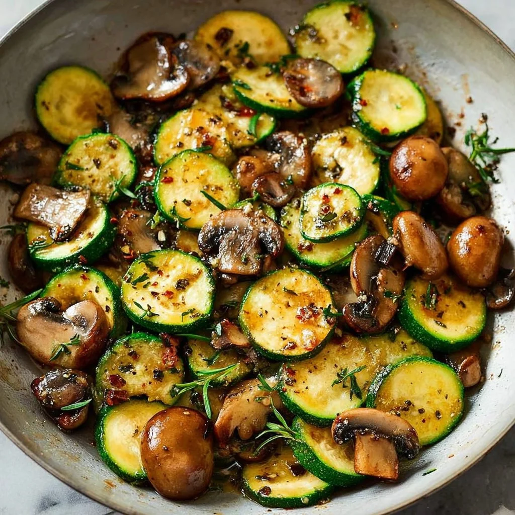 Delicious skillet zucchini and mushrooms served in a vibrant bowl