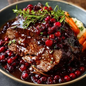 Slow-braised beef roast with cranberry balsamic glaze on a serving platter.