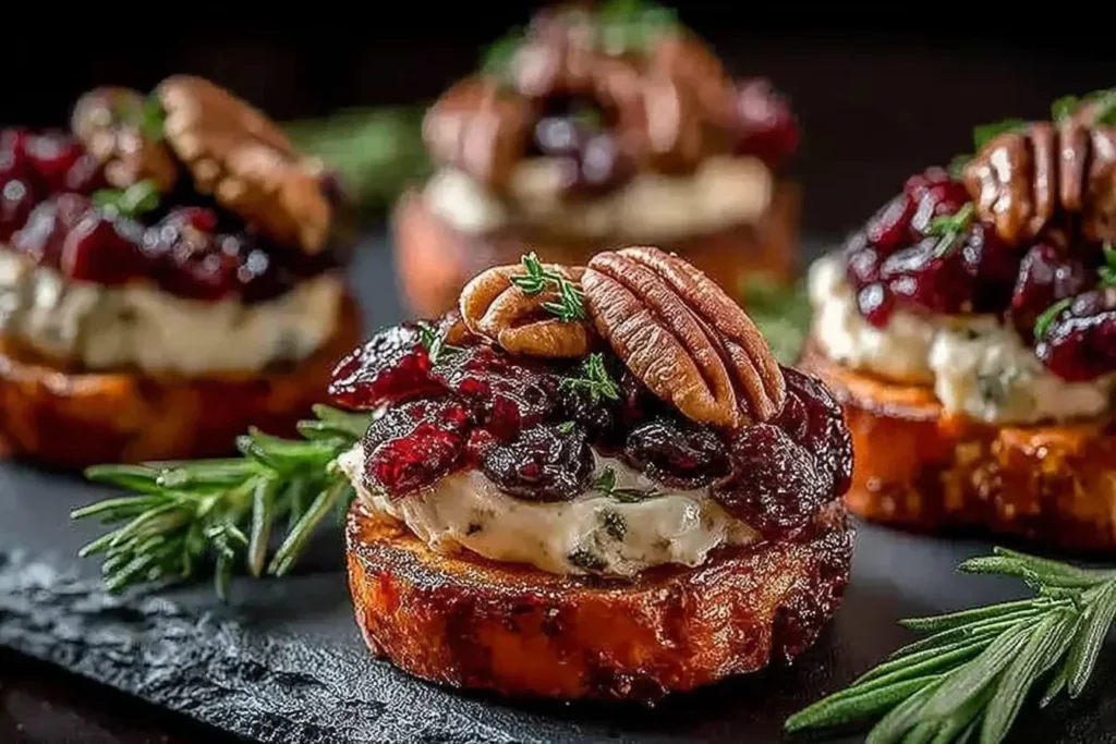 Sweet potato rounds topped with brie cheese, cranberry sauce, and pecans
