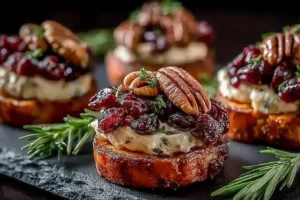 Sweet potato rounds topped with brie cheese, cranberry sauce, and pecans