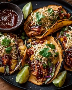 Sweet and spicy pineapple chicken tacos with mushrooms and gochujang sauce.