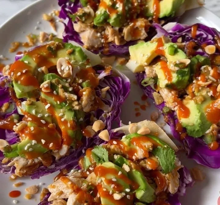 Thai inspired chicken salad boats served in lettuce wraps