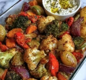 Thanksgiving Oven Roasted Veggie Bake with colorful vegetables