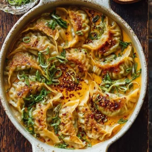Delicious golden baked potstickers with creamy Thai curry dip on a plate