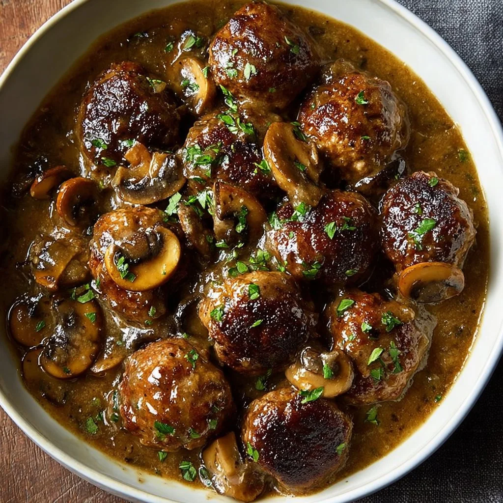 Delicious Salisbury steak meatballs with rich mushroom gravy on a plate