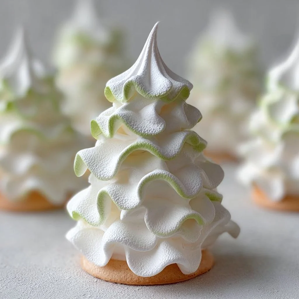 Festive Tree Meringue Cookies with colorful designs on a white plate