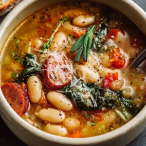 Delicious bowl of Tuscan Bean Soup with fresh herbs and vegetables