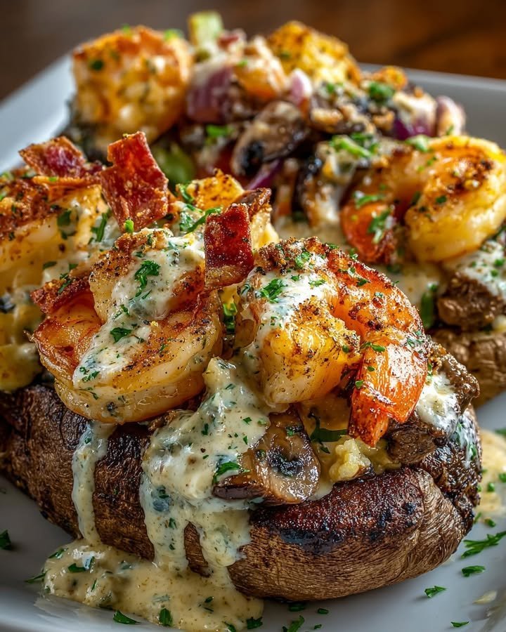 Steak, Shrimp & Mushroom Loaded Baked Potatoes