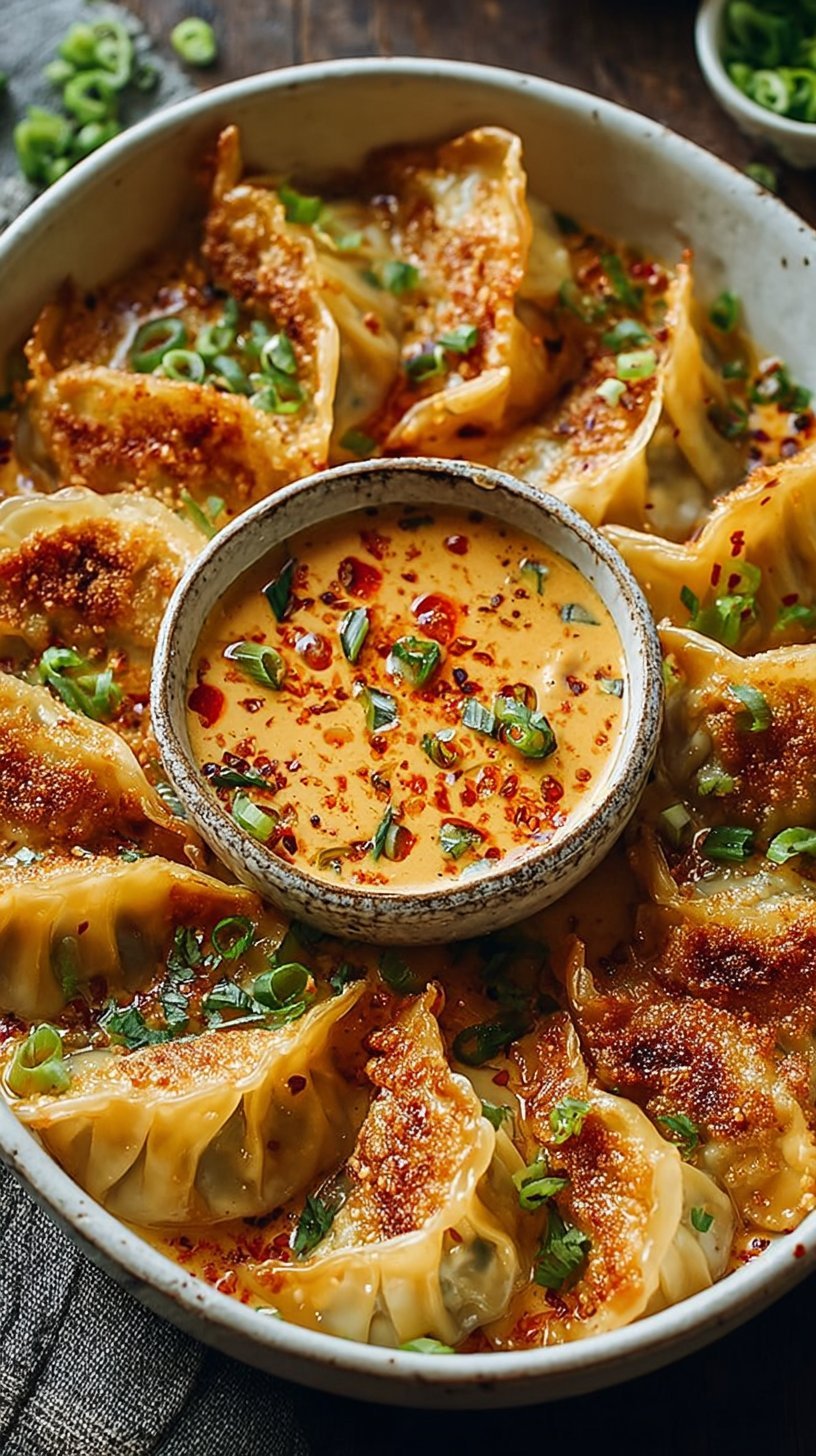 The Best Golden Baked Potstickers with Creamy Thai Curry Dip