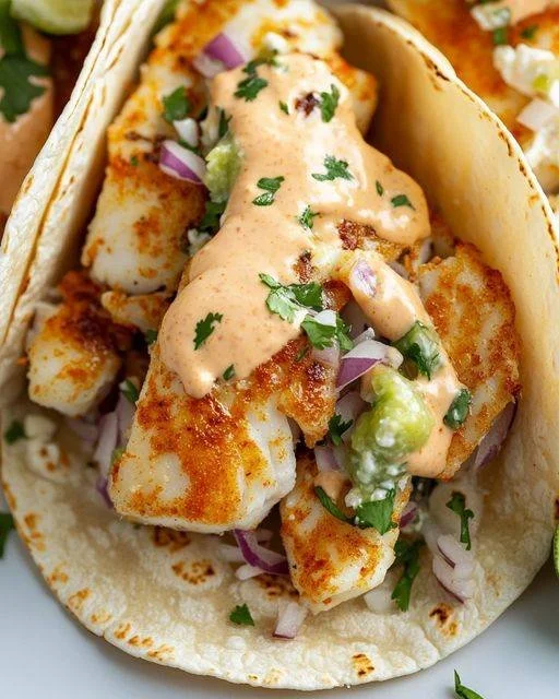 Delicious zesty fish tacos garnished with spicy sriracha lime sauce.
