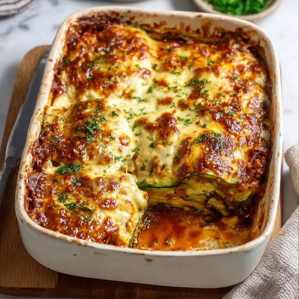 Baked zucchini lasagna layers with cheese and sauce
