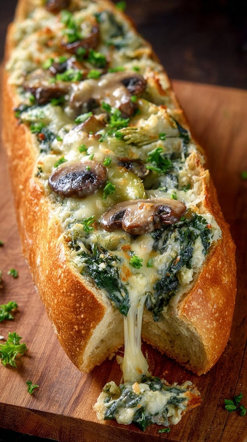 Cheesy Spinach Artichoke & Mushroom Stuffed Baguette
