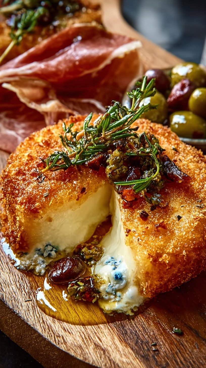 Crispy Fried Brie with Pepper Honey, Warm Lemon-Herb Olives & Prosciutto