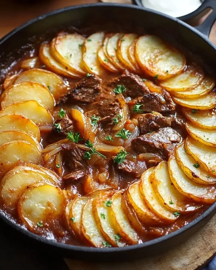 Delicious Beef Stew with Potato Topping in a rustic bowl