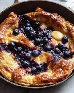 Fluffy Blueberry Lemon Dutch Baby Pancake served on a plate