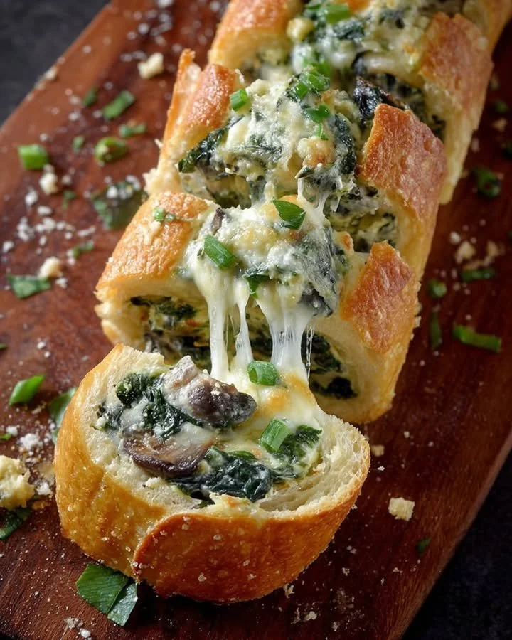 Cheesy spinach artichoke and mushroom stuffed baguette on a wooden board