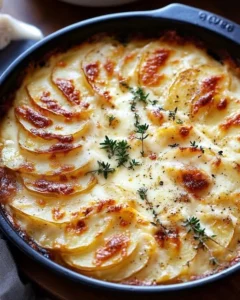 Creamy baked scalloped potatoes with Gruyère cheese and fresh thyme