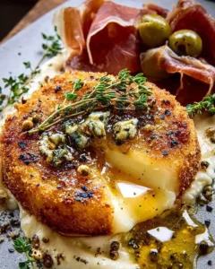 Crispy fried brie served with pepper honey, olives, and prosciutto.