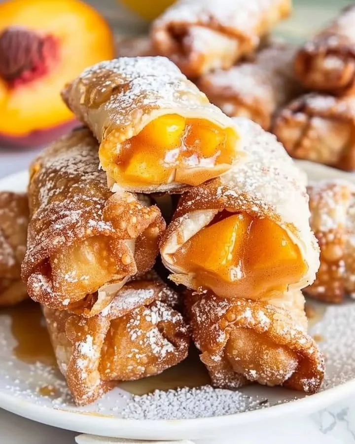Crispy peach cobbler egg rolls served on a plate with cinnamon sugar dusting.
