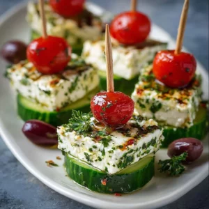 Greek feta and cucumber bite skewers served on a platter