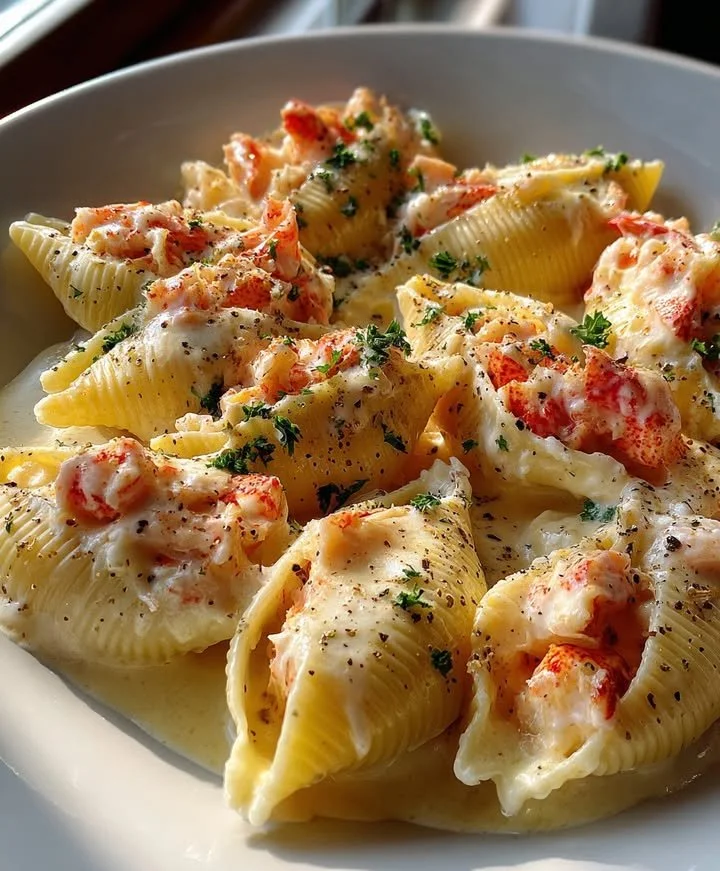 Delicious lobster-stuffed shells in creamy garlic sauce served on a plate