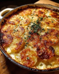 Creamy Parmesan and Gruyere Potato Gratin, a delicious baked dish.