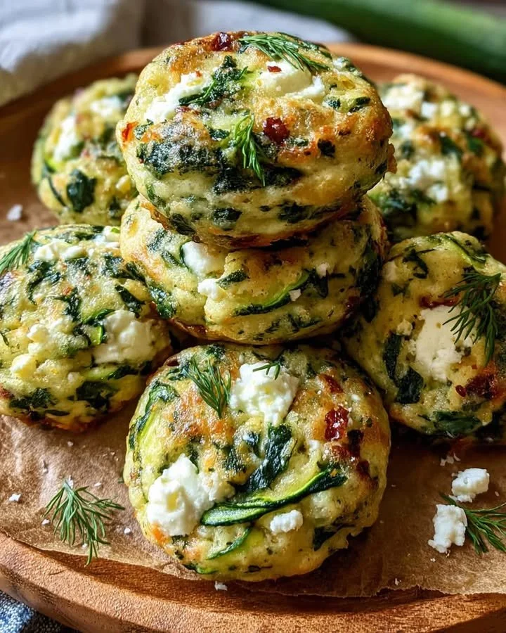 Spinach zucchini feta bites on a plate, garnished with herbs.